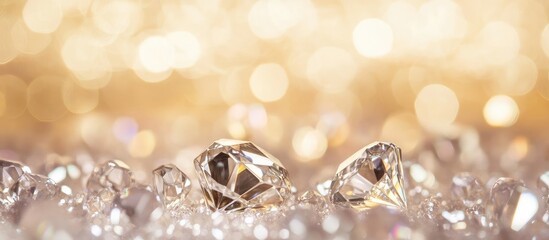 Fototapeta premium Defocused sparkling diamonds and crystals on a soft golden blurred background with vibrant hues and ample space for text placement.