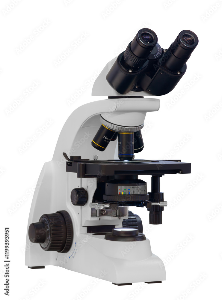Poster A microscope with a white base and black and yellow lenses isolated on transparent background. The microscope is in focus and ready to be used