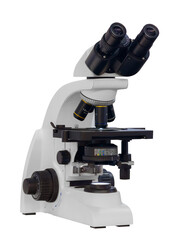 A microscope with a white base and black and yellow lenses isolated on transparent background. The...