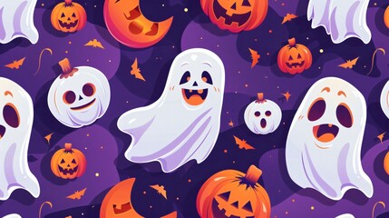 Spooky Halloween Seamless Pattern with Smiling Ghost Faces