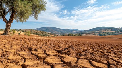 Dry red soil landscape in Andalusia with cracked earth, olive tree in foreground, blue sky and distant hills, ideal for text placement and nature concepts.