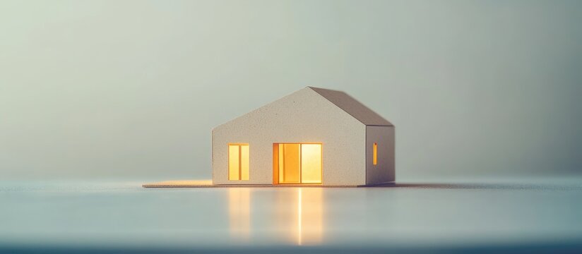 Defocused architectural model of a small white house with warm light accents on a reflective surface against a soft blurred background for design concepts