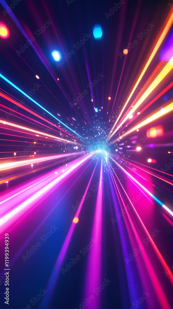 Poster Vibrant laser beams converging toward glowing epicenter, radiating intense light patterns across shadowy background
