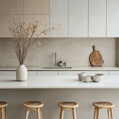 Minimalist Kitchen Island With Dried Flowers and Stools