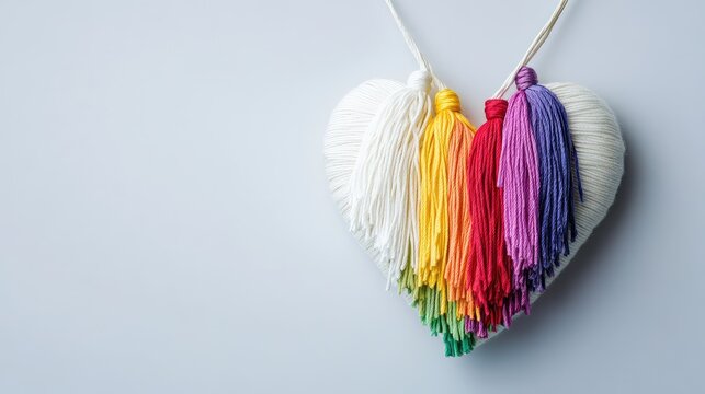 Colorful tassels in red yellow purple and green hang from a white heart on a thin white string against a light grey background with empty space for text