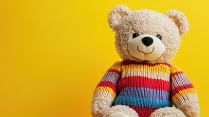 Colorful teddy bear in striped sweater on vibrant yellow background with empty space for text or graphics.