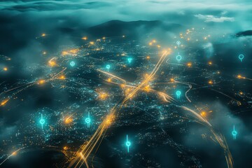 Aerial View of Blockchain Symbol Over Global Map