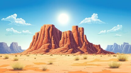 Naklejka premium Desert Landscape Featuring Isolated Rock Formation with Clear Sky and Empty Space for Text