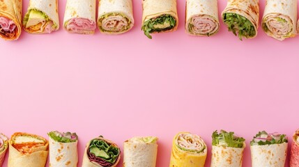 Assorted Wraps and Sandwiches Lined Up on Pink Background with Clear Space for Text and Fresh Ingredients Displayed