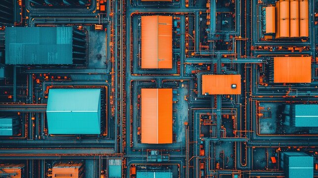 Aerial factory overview industrial site gigapixel imagery urban environment high-altitude perspective