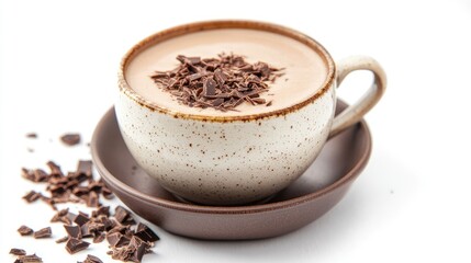 Fototapeta premium Coffee cup topped with chocolate shavings on a neutral white background with ample copy space, showcasing warm tones and delicate textures.