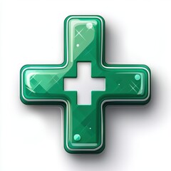 Obraz premium Shiny Green Medical Cross Symbol Healthcare Icon Plus Sign Glossy Design Element