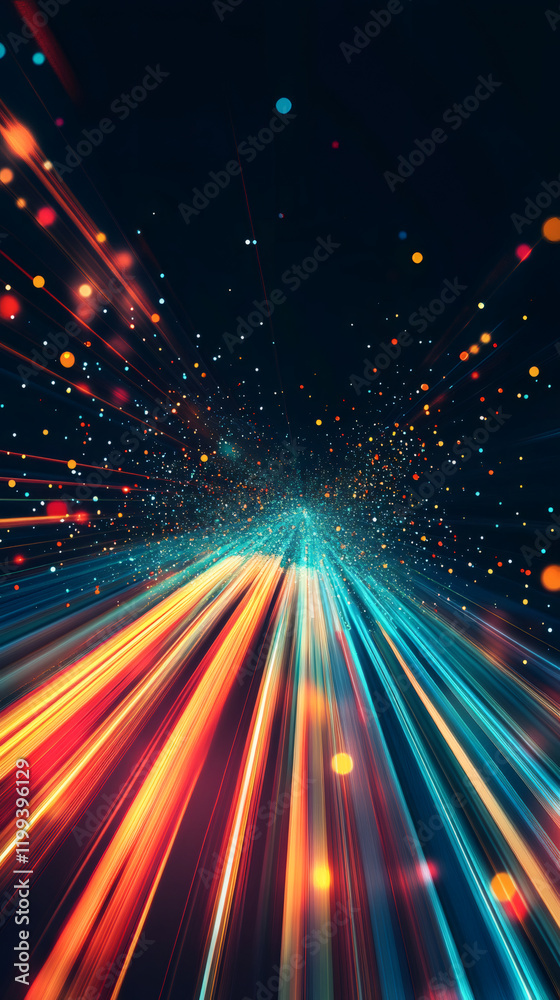 Poster Light streaks bursting radially from central point, generating vibrant dynamic abstract visual against deep dark background