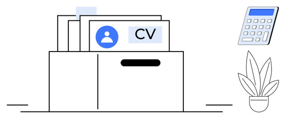 Filing cabinet filled with CVs with avatar icons, beside a calculator, and a potted plant. Ideal for job applications, recruitment, HR, organization, workplace management, candidate screening