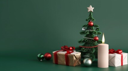 Minimalist 3D rendering illustration of a Christmas tree with candles and wrapped gifts on a green background, perfect for commercial photography and stock photo style, embodying a festive and elegant