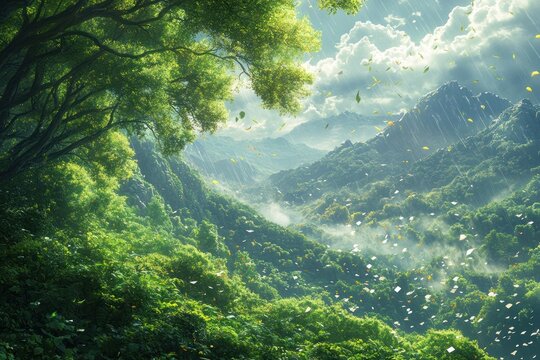 Rain, leaves, lush green mountain forest.