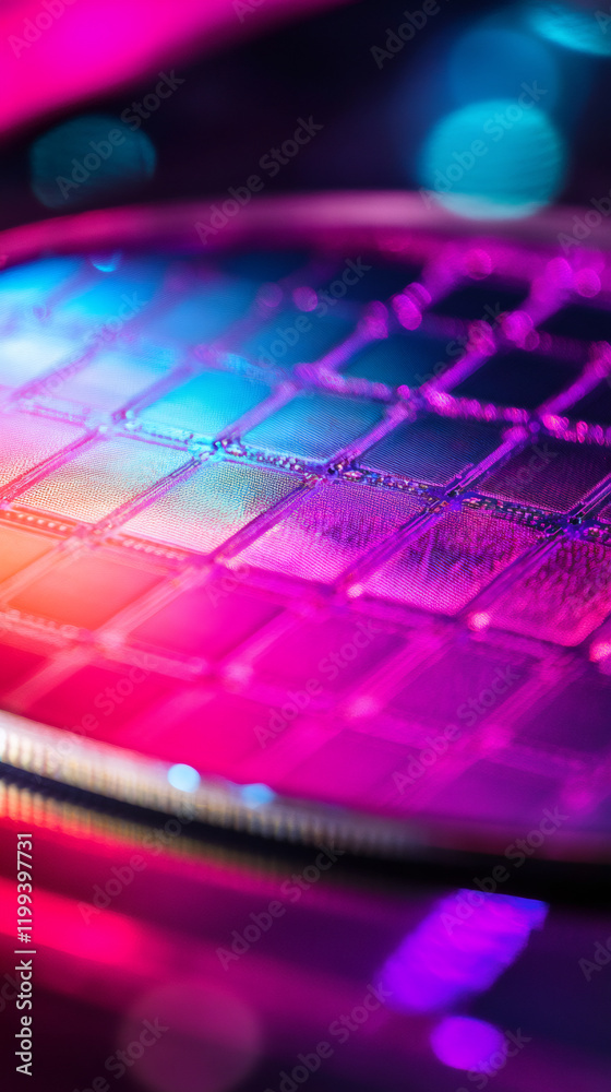 Poster silicon wafer reflecting blue and magenta light with visible integrated circuits in a futuristic and
