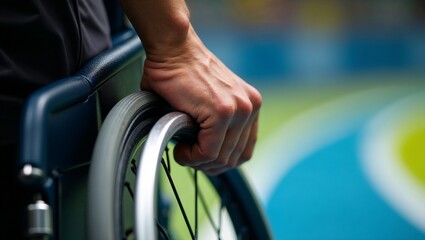 Close-up of a determined athlete's hand gripping a high-tech racing wheelchair rim at the start line
