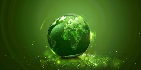 Glowing green globe surrounded by sparkling digital particles on a vibrant green background, symbolizing sustainability, innovation, and global connectivity