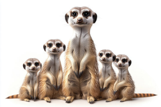 A charming group of meerkats standing in a playful, curious pose.