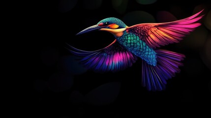 Obraz premium Vibrant tropical bird in acrobatic flight with spread wings against dark blurred background featuring colors of blue, green, orange, and purple.