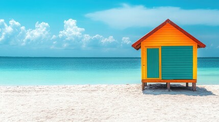Vibrant Seaside Cottage with Yellow and Green Facade on Sandy Shore Against Clear Turquoise Waters and White Cloudy Sky