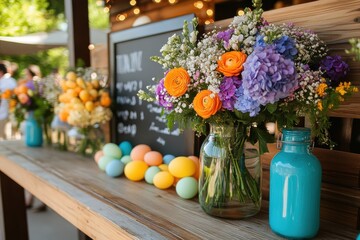 Vibrant spring flowers and pastel eggs displayed on a rustic wooden table. A perfect springtime scene.