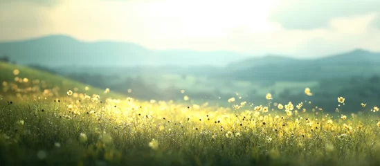 Fotobehang Serene summer green meadow with soft focus background illuminated by warm sunlight featuring vibrant wildflowers and distant mountains in gentle haze © Cyber Shutter