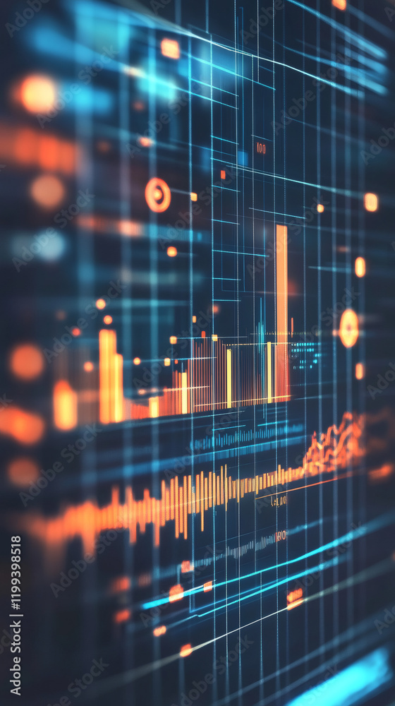 Poster orange and blue glowing financial charts and bar graphs are increasing on a digital screen, reportin