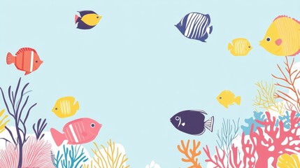 Colorful Tropical Fish Swimming in Blue Ocean Water with Coral Reef and Empty Space for Text in Bright Colors