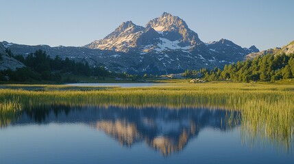 Alpine lake reflects mountain peak at sunrise, serene nature backdrop.