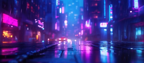 Obraz premium Blurry cyberpunk cityscape at night with neon pink and blue tones reflecting on wet streets creating a futuristic urban ambiance ideal for text placement