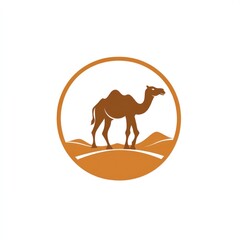 Camel walking in a desert scene inside a circle. Ideal for a graphic design or logo
