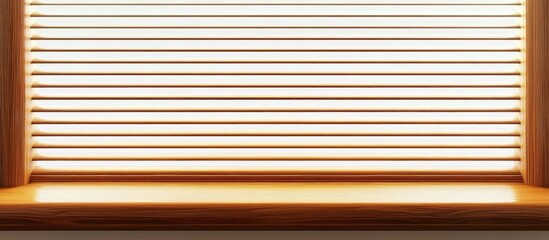 Obraz premium Bright wooden window sill with contemporary horizontal blinds against a warm light background, ideal for adding text or design elements.