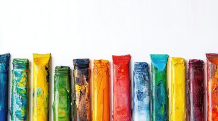Colorful oil paint tubes in various vibrant hues including green, blue, red, orange, yellow arranged horizontally on a white background with ample copy space.