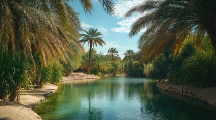 Obraz premium Desert Oasis Landscape Featuring Lush Green Palm Trees and Reflective Water Under Clear Blue Sky with Copy Space for Text