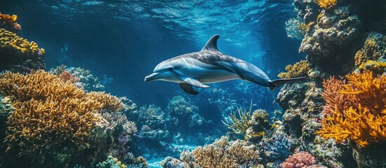 Vibrant underwater scene featuring a playful dolphin swimming gracefully among colorful coral reefs in a serene deep sea garden with ample space for text.