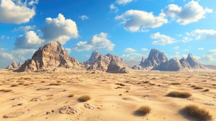 Fototapeta premium Vast desert scene with rugged rock formations under a clear blue sky, scattered clouds above, and open area for potential text insertion.