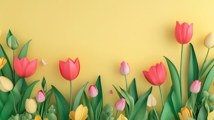 Vibrant Tulip Blooms Against a Yellow Background with Space for Text or Graphics
