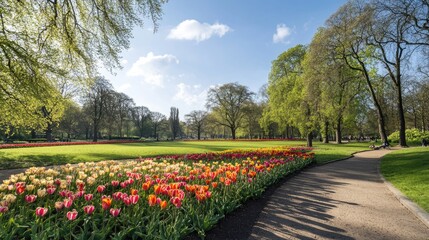 Obraz premium Vibrant tulip flowers in a park under clear blue sky with path and greenery