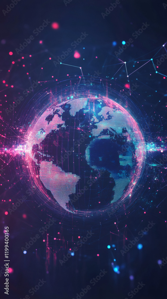 Aufkleber Digital world map rotating and generating connections with colorful lights and plexus effect, perfect for technology and communication projects