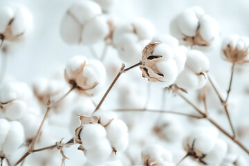 A high-quality close-up of fresh, fluffy cotton bolls showcasing the natural texture, purity, and organic quality of the cotton against a neutral background

