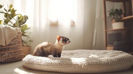 Adorable Ferret Exploring Soft Cozy Space with Natural Light