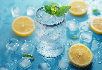 Refreshing Beverage with Ice Cubes and Lemon Slices Surrounded by Fresh Mint Leaves on a Light Blue Background Perfect for Summer Drink Promotion