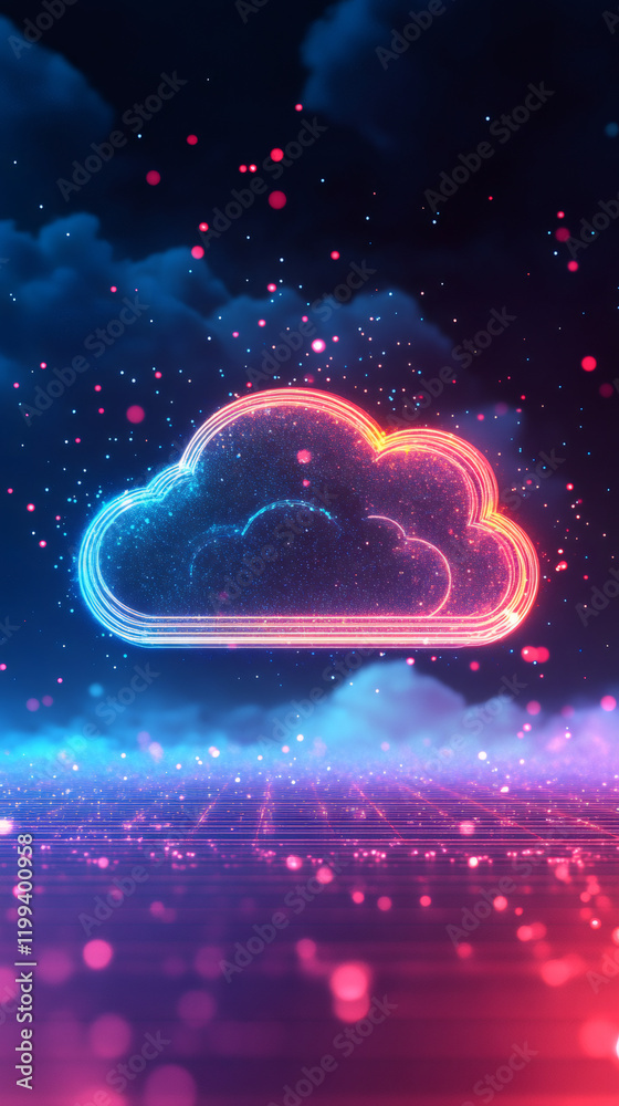 Aufkleber cloud computing symbol made of glowing particles floating above a digital landscape with pink and bl