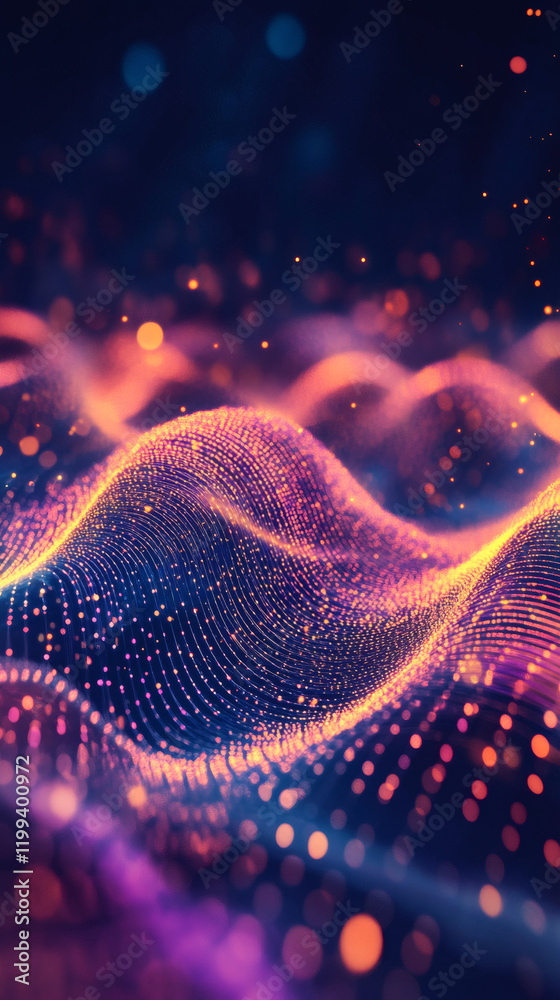 Poster abstract wave particles are flowing with bokeh effect, creating a colorful digital landscape