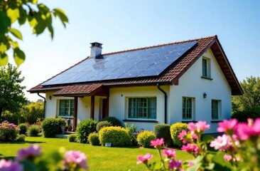 Bright house featuring solar panels, surrounded by colorful flowers in a lively garden under clear blue skies