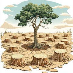 Deforestation Illustration A Single Tree Stands Amidst Cut Tree Stumps in a Dry Cracked Earth