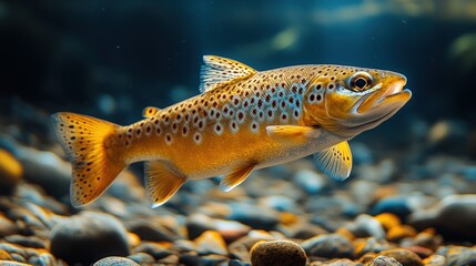 Naklejka premium Underwater scene featuring a vibrant brown trout swimming gracefully among pebbles and stones
