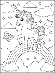 Illustration of a cute unicorn cartoon character. Black and white Printable Unicorn coloring page for kids.
